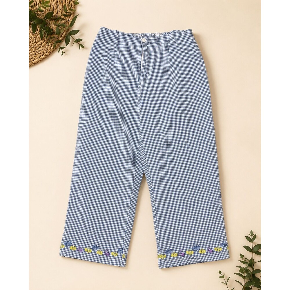A.M.I. Women’s L Blue White Gingham Capri Pants Butterfly Embroidered Stretch